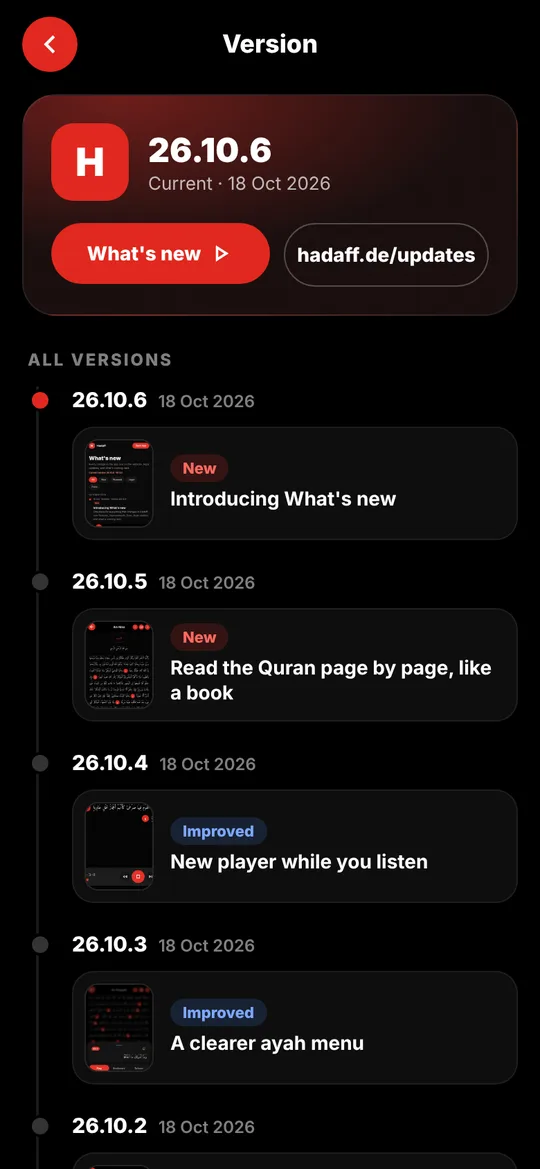 Toutes les versions en un coup d’œil dans les Réglages – Maintenant